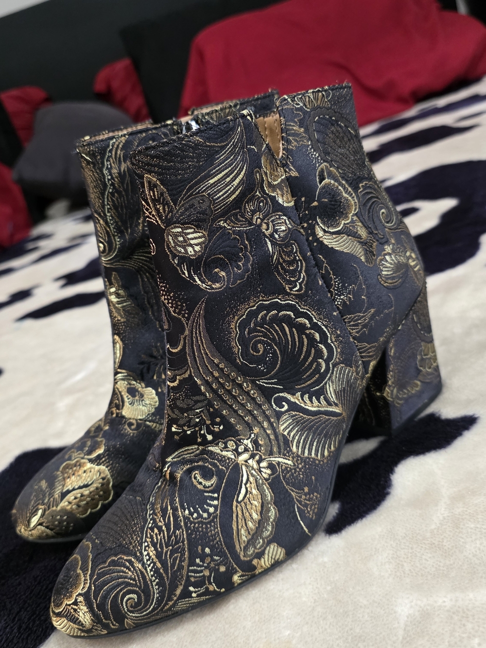 Franco Sarto Black and Gold Brocade Ankle Booties